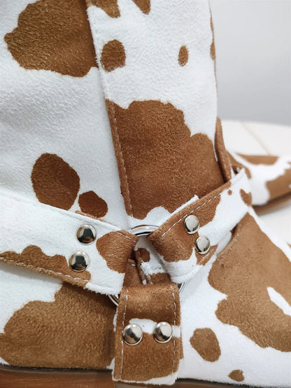 Brown Cow Print Boots with Buckle