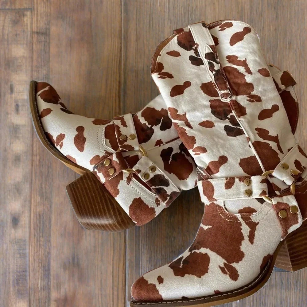 Western Cow Print Boots in Brown