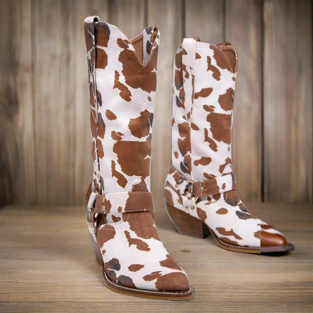 Brown and White Cow Print Boots