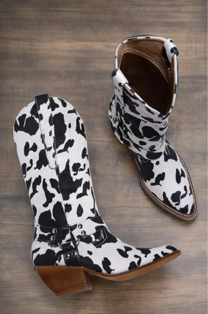 Black White Cow Print Boots for Women