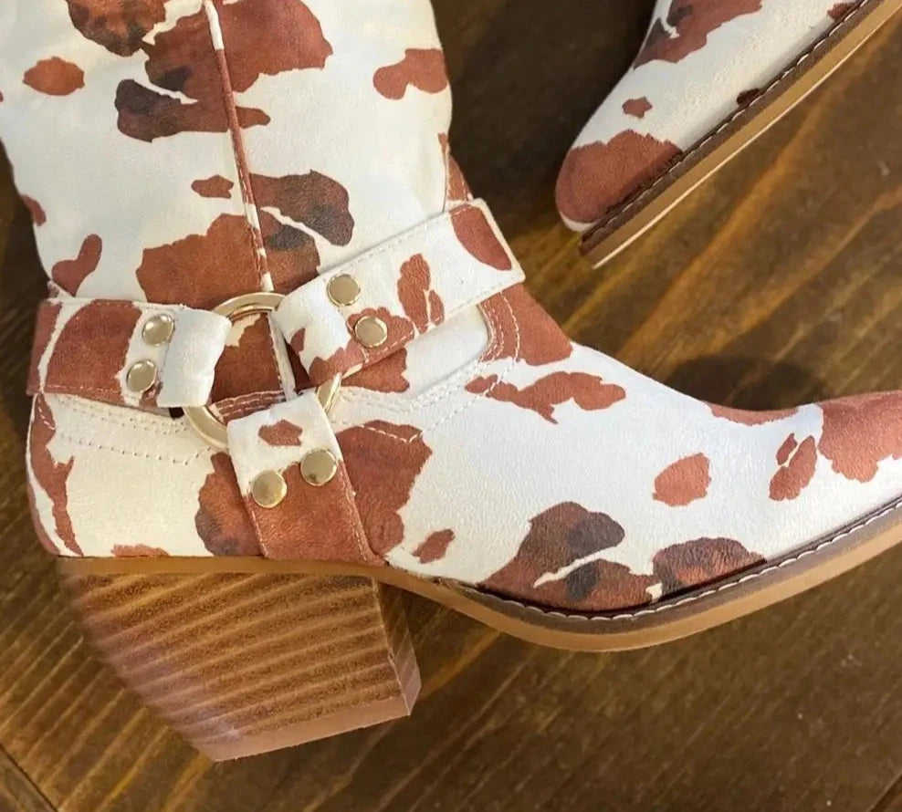 Western Cow Print Brown Boots