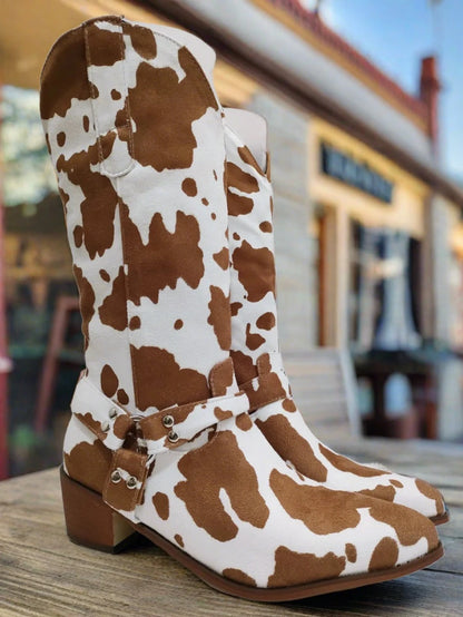 Side Buckle Cow Print Boots
