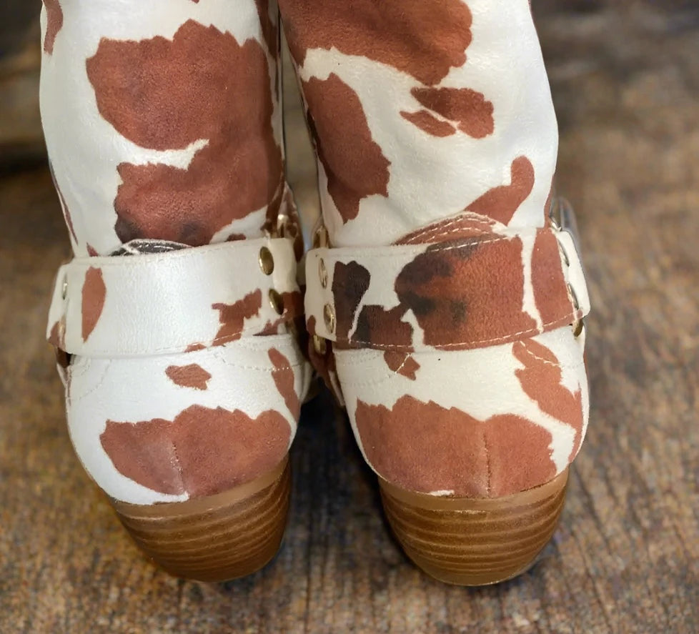 Brown Chunky Cow Print Boots