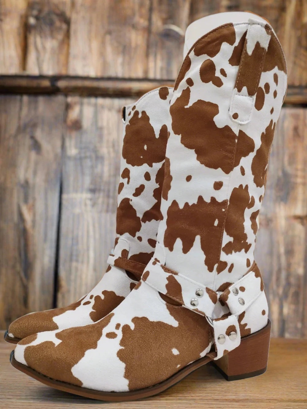 Brown Cow Print Boots Side Buckle