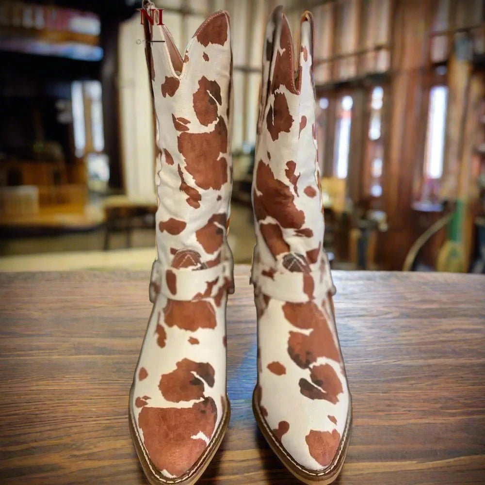 Womens Brown Cow Print Western Boots