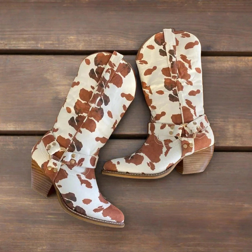 Brown Cow Print Buckle Western Boots