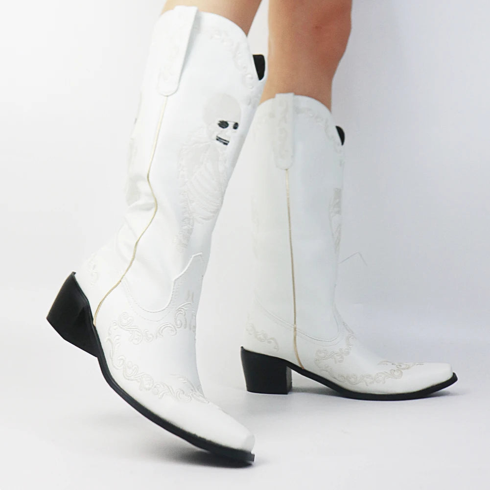 White Skeleton embroidered boots 