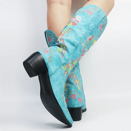 Blue embroidered skeleton boots for women