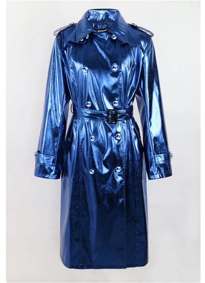Faux Leather Trench Coat metallic blue