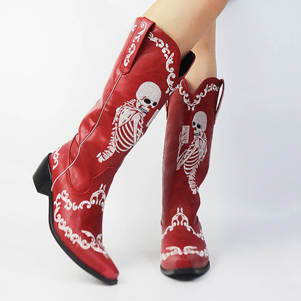 Red Embroidered Skeleton Boots for Women