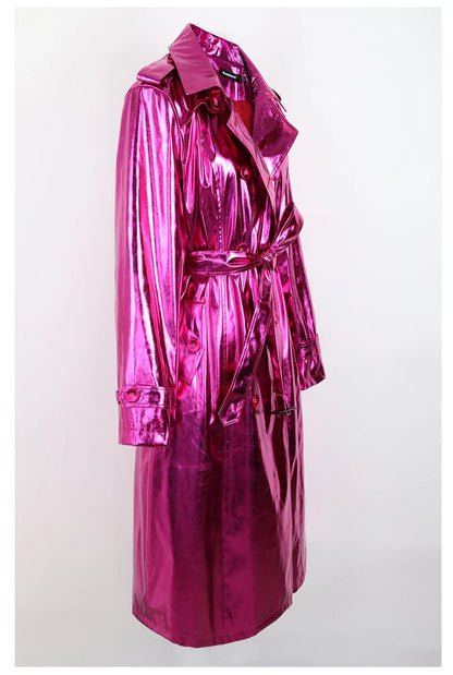 faux suede metallic purple long trench coat