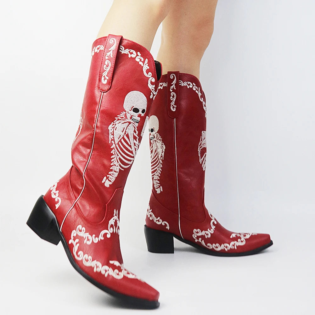 Skeleton Embroidered Boots in Red
