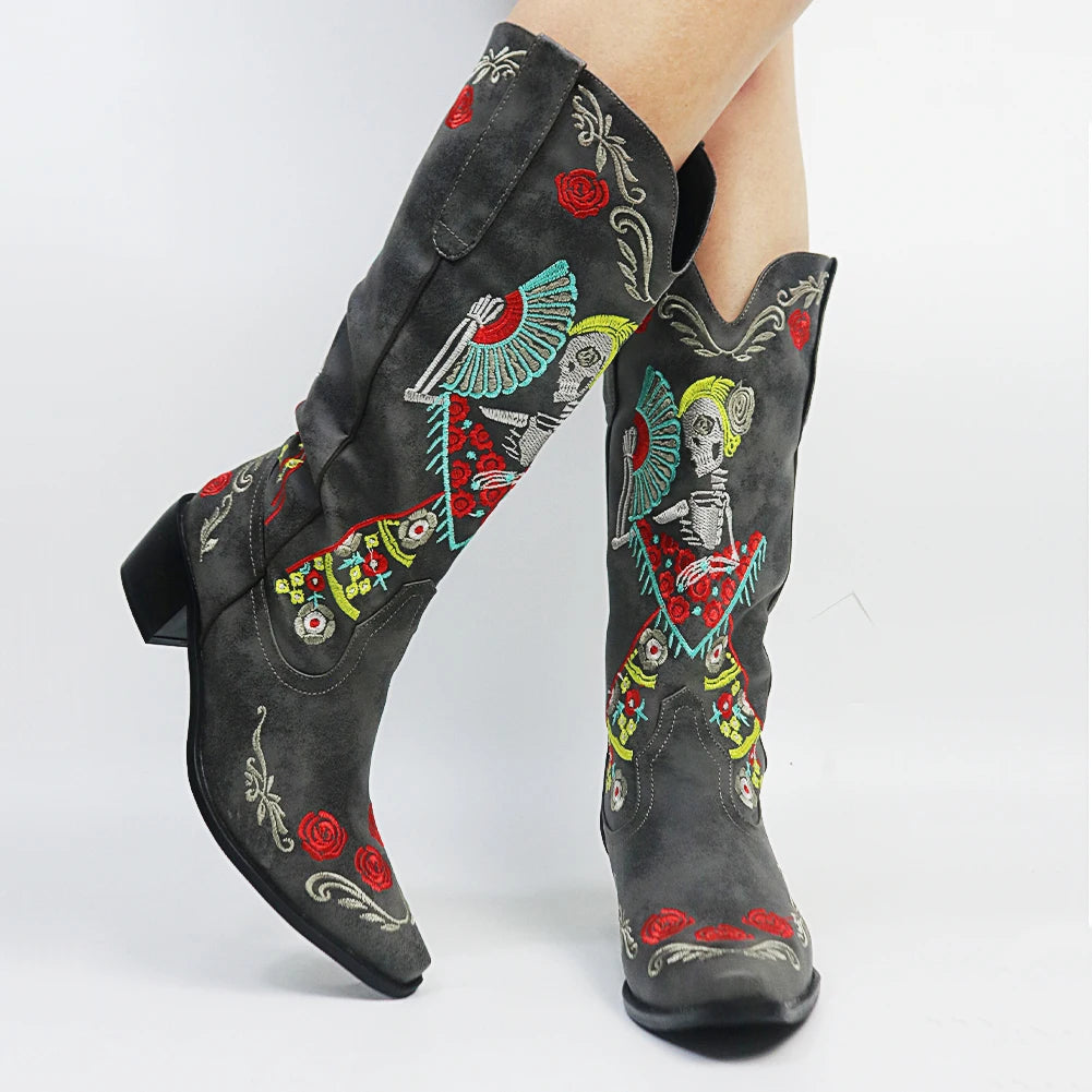 Embroidered skeleton day of the dead boots