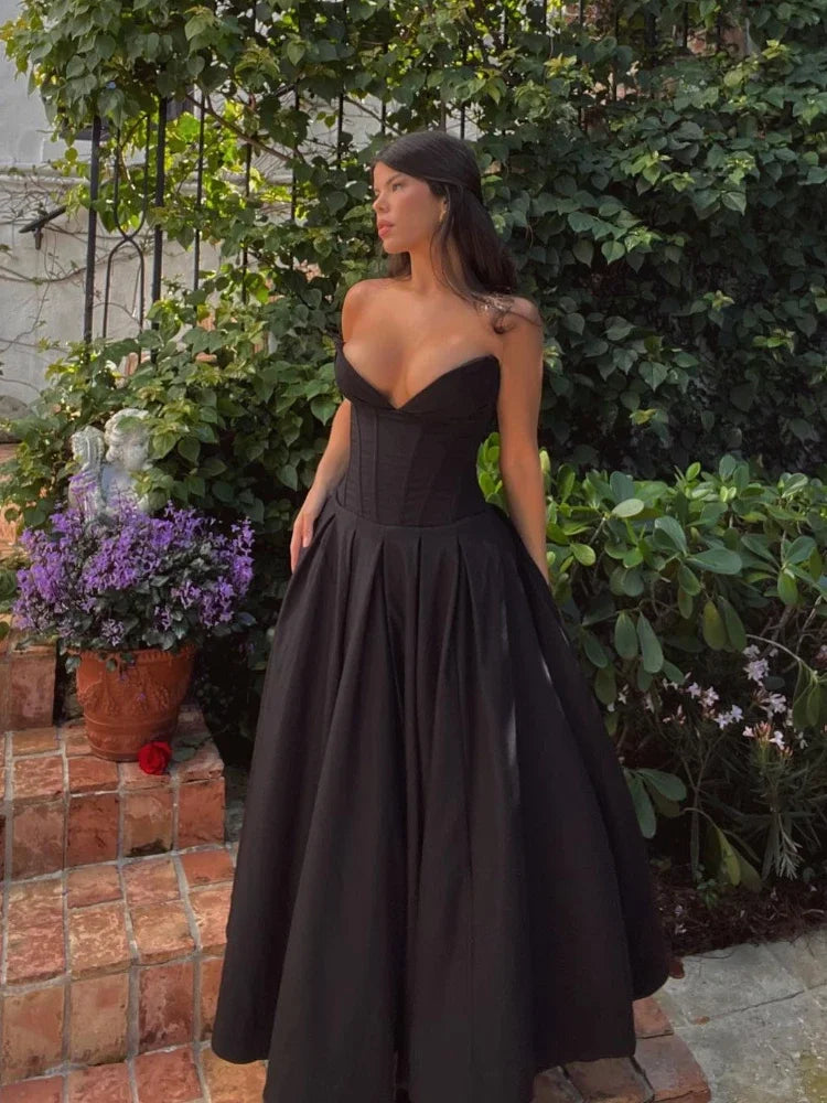 Black Strapless Corset Midi Dress
