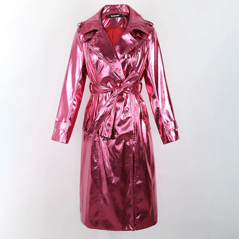 Long metallic trench coat in pink