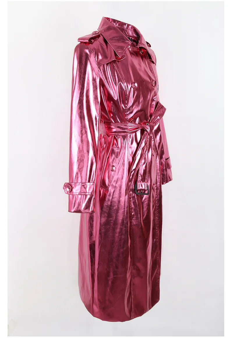 Long Metallic Coat with belt in pink