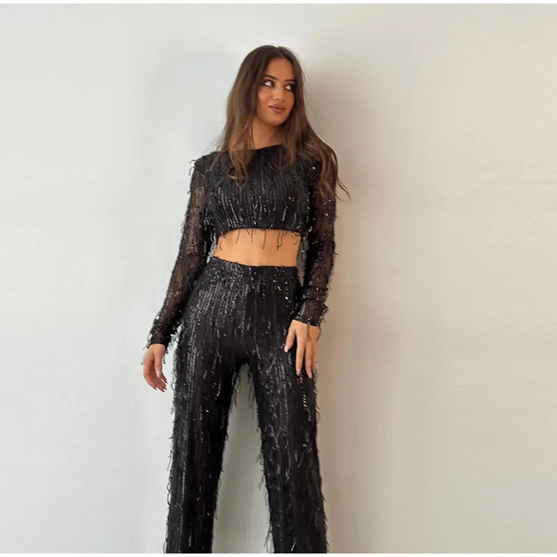 Cropped Tassel Sequin Outfit Set