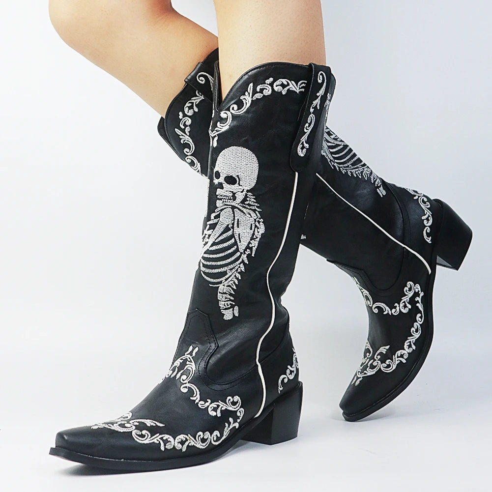 Black Embroidered Skeleton Boots
