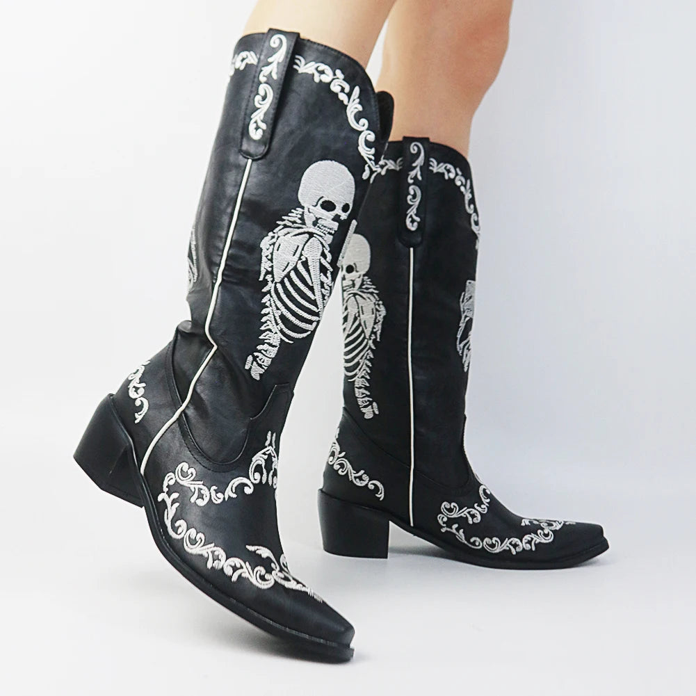 Black Skeleton Embroidered Boots for women