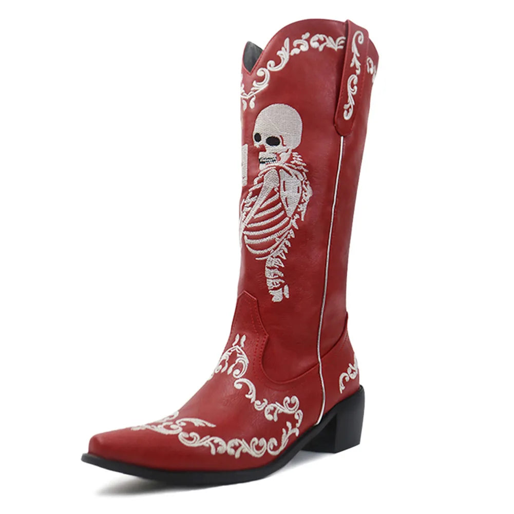 Red Boots White Skeleton Embroidery