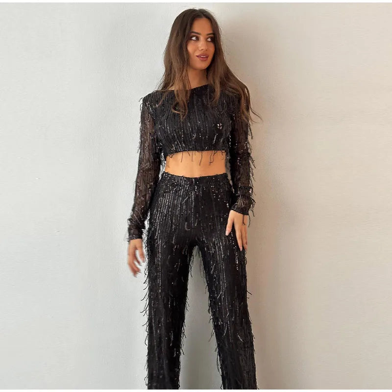 Black Sequin Tassel Pant Suit Set