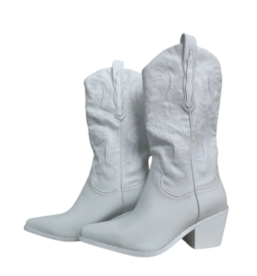 Cowgirl Western Style Mid Calf Length Boots in White 