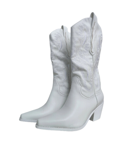 Cowgirl Embroidered Western Boots in White at Mid Calf Length 