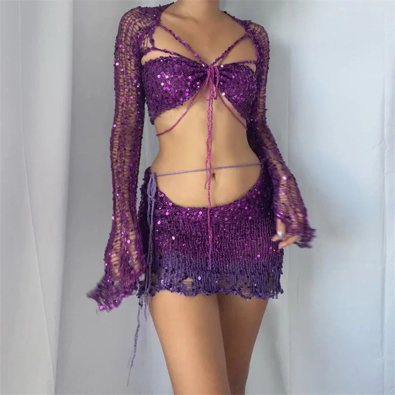 Purple Sequin Knitted Outfit Set