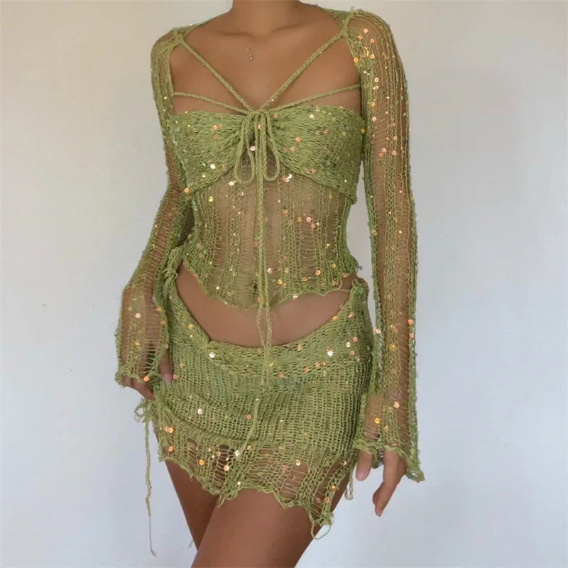 Light Green Sequined Knitted Set