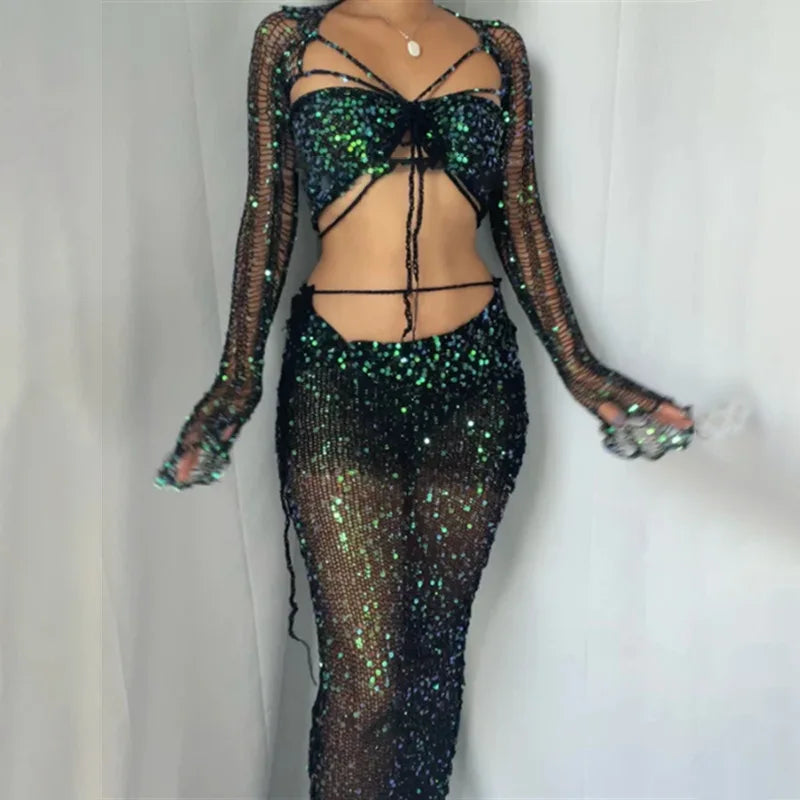 Black Sequined Knitted Outfit Set