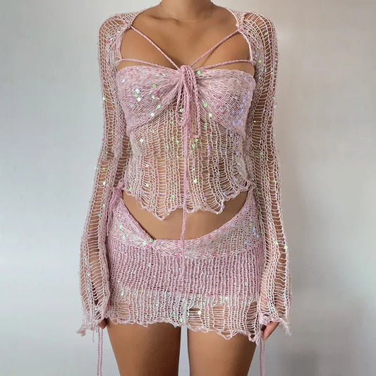 Pink Knitted Sequin Set