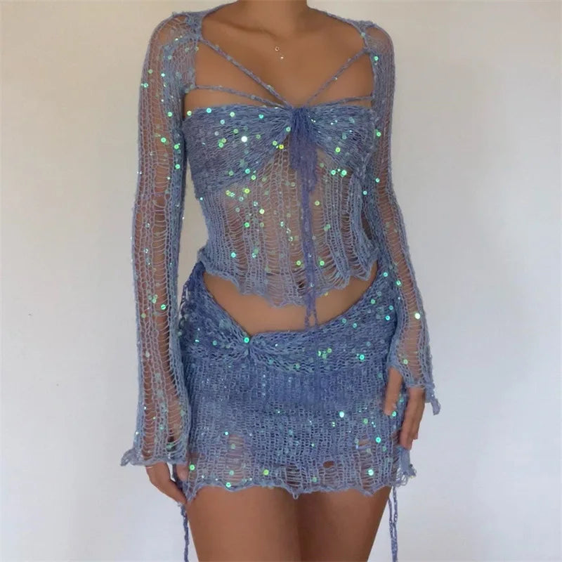 Blue Sequin Knitted Set
