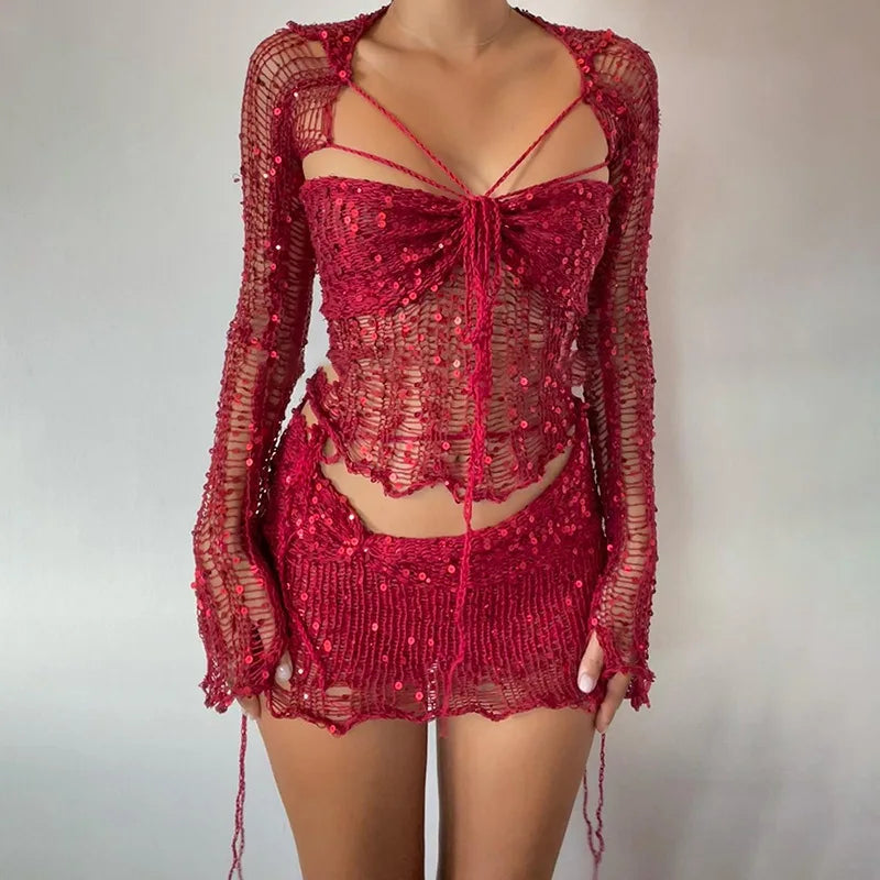 Red Sequin Knitted Outfit Set