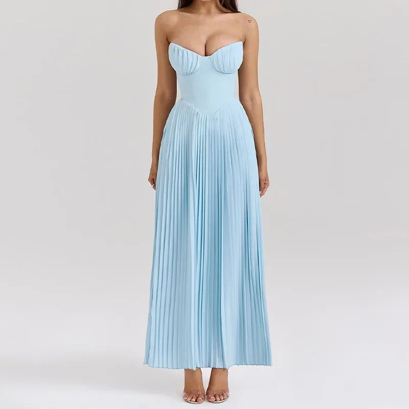 Blue Strapless Pleated Maxi Dress