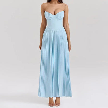 Blue Strapless Pleated Maxi Dress