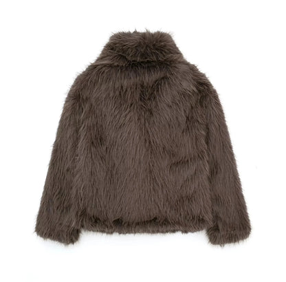 Back Cropped Brown Faux Fur Coat