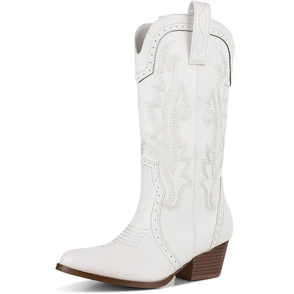 Embroidered Mid Calf Western White Boots 