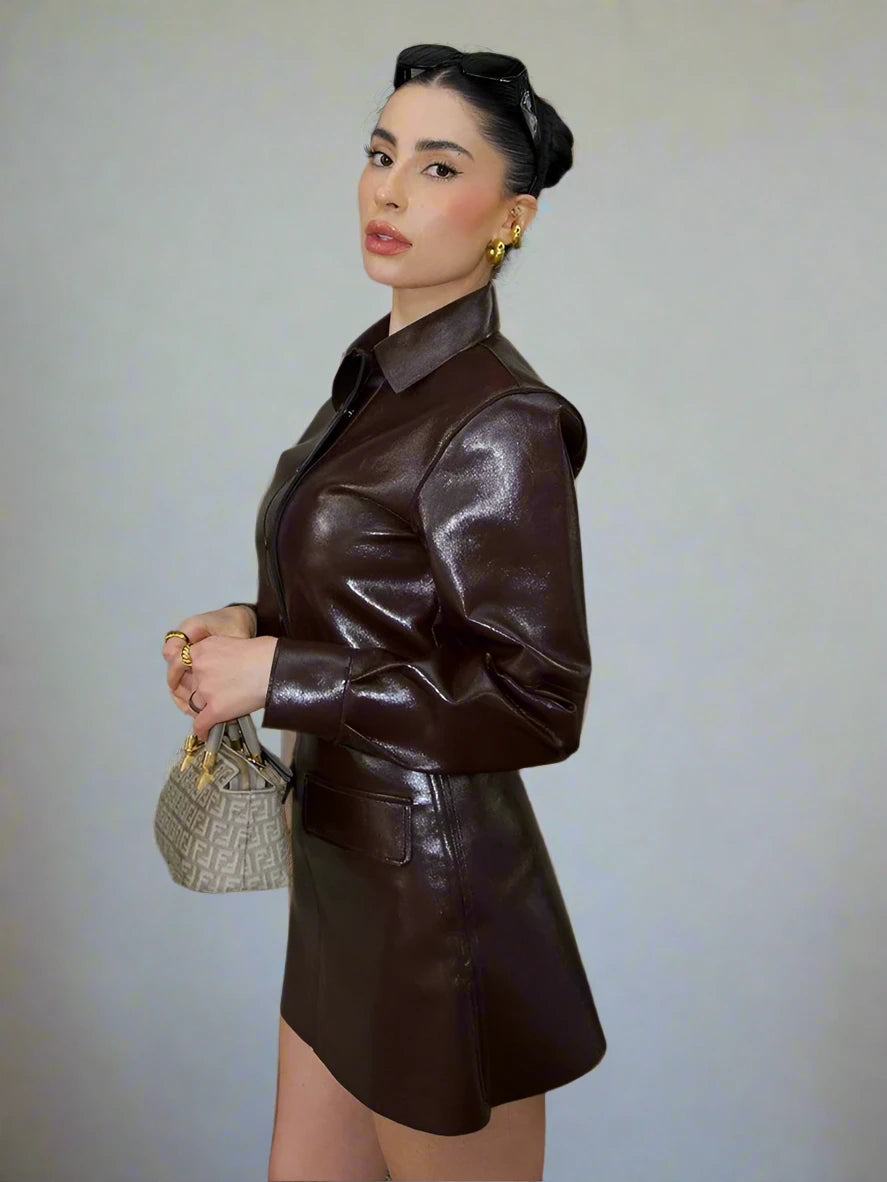 Faux Leather Brown Outfit Set