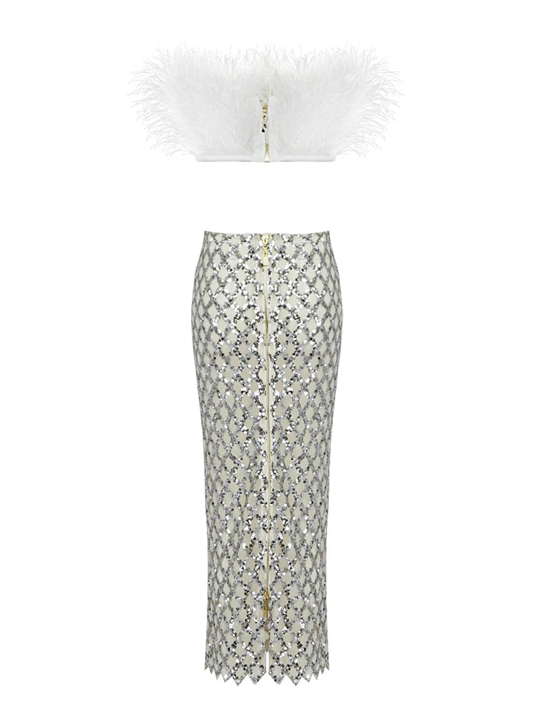 Feathered Strapless Top Sequin Mid Calf Skirt Back