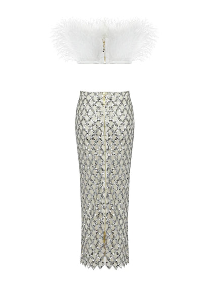 Feathered Strapless Top Sequin Mid Calf Skirt Back