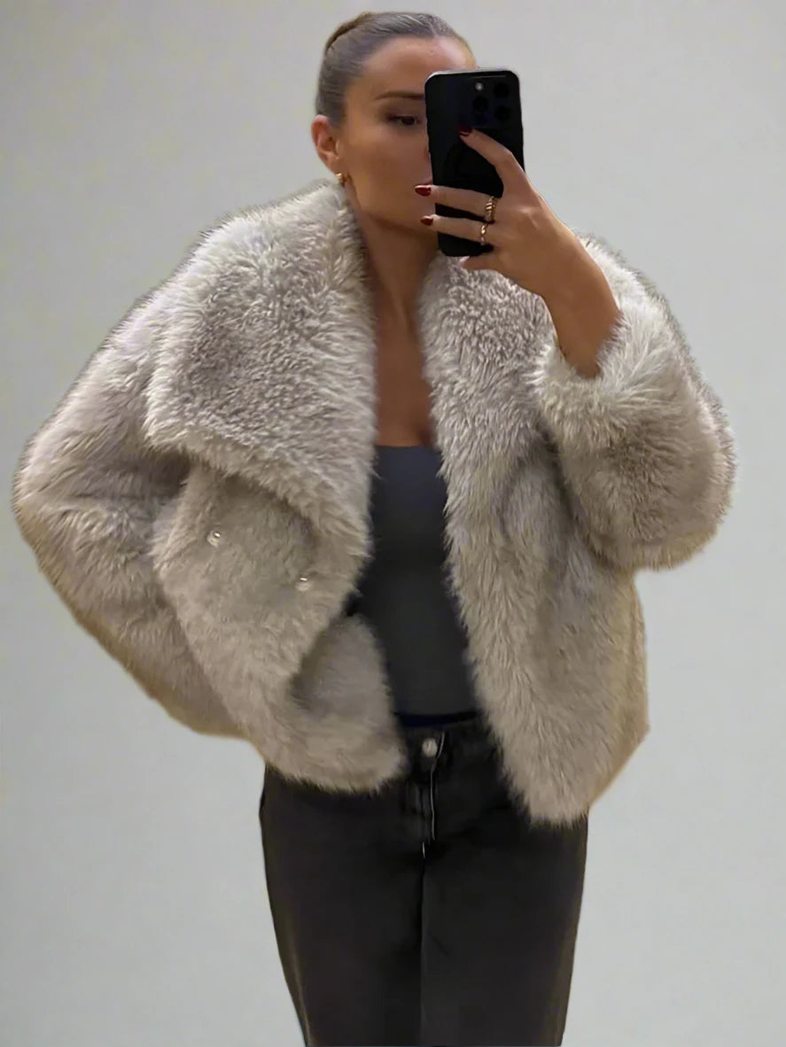 Faux Fur Cropped Jacket in Greige