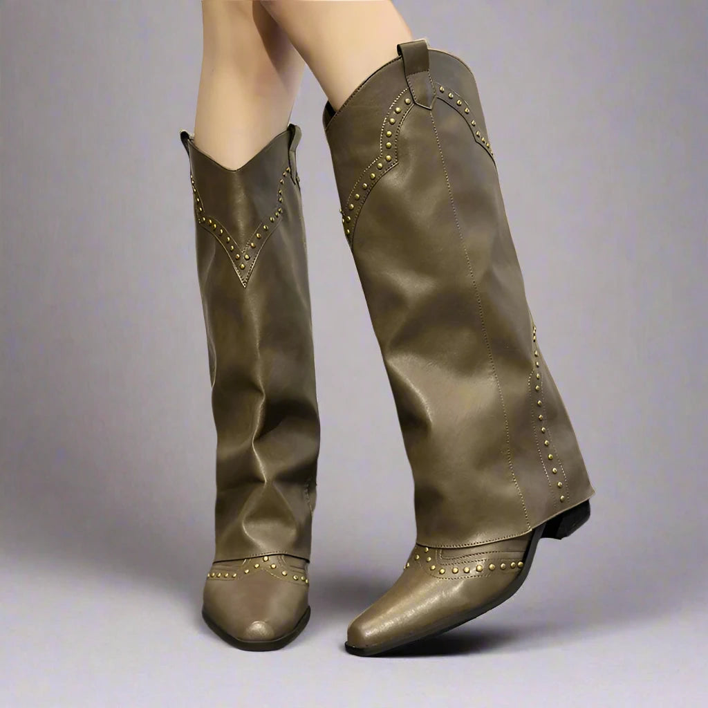 Khaki Cowgirl Studded Boots