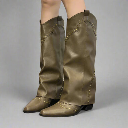 Khaki Studded Boots for Women