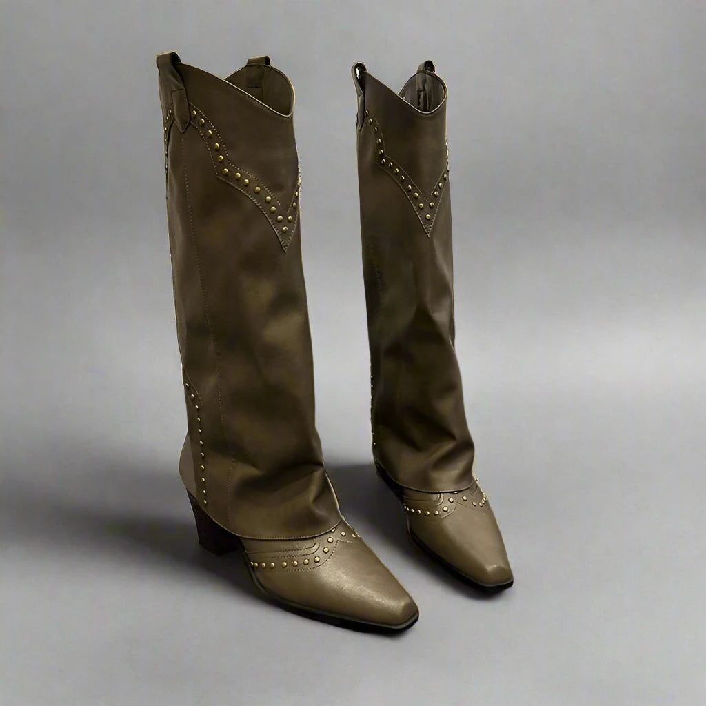 Knee High Studded Womens Boots in Khaki