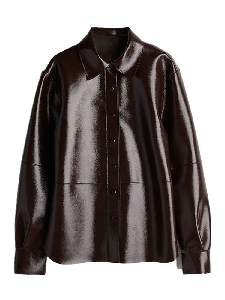 Lapel Collar Faux Leather Long Sleeve