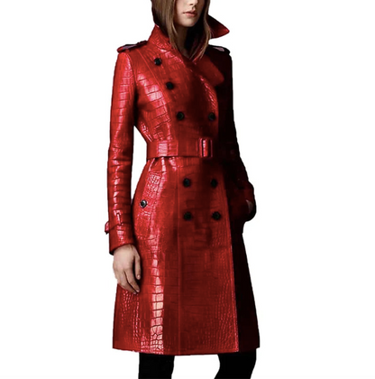 Red Long Faux Croc Trench Coat