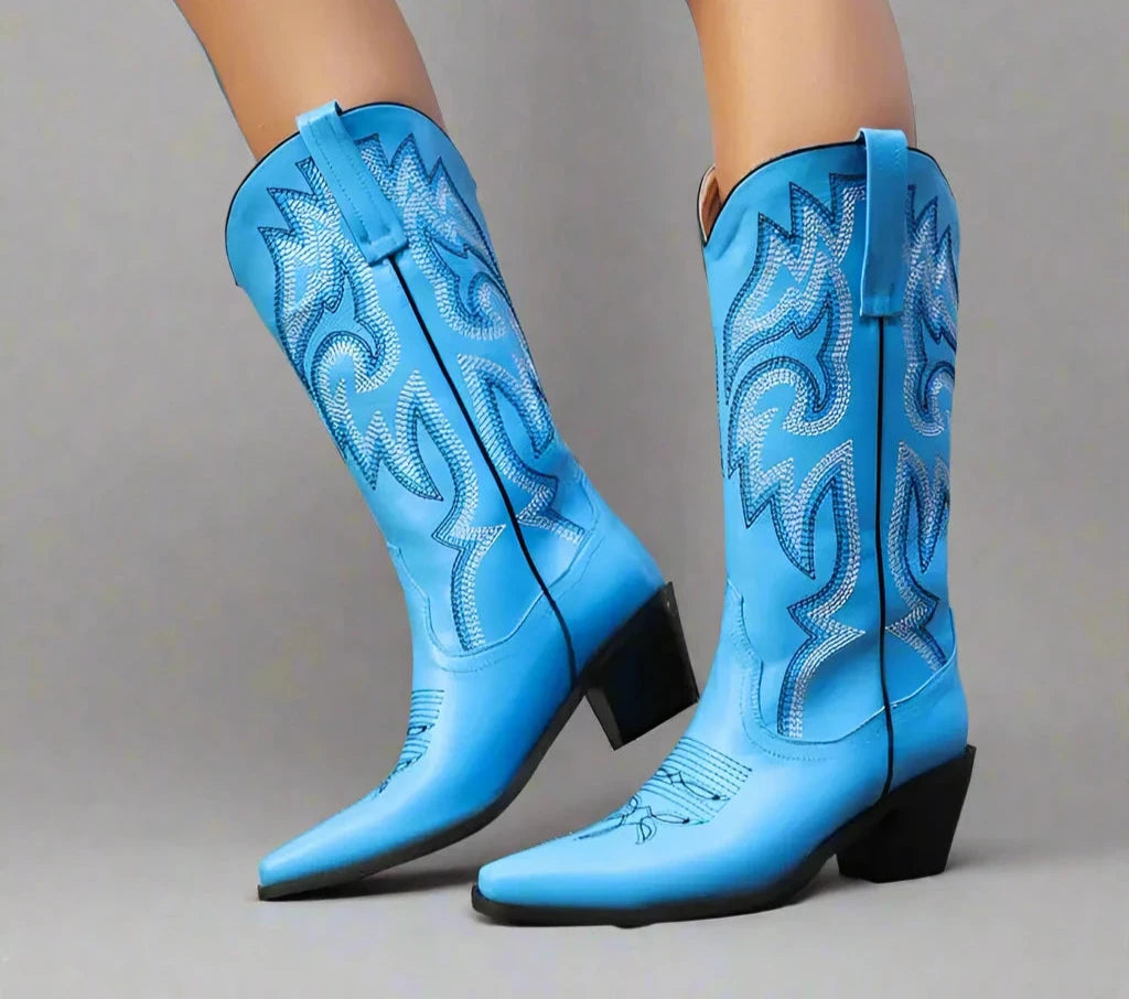 Mid Calf Cowgirl Boots in Blue