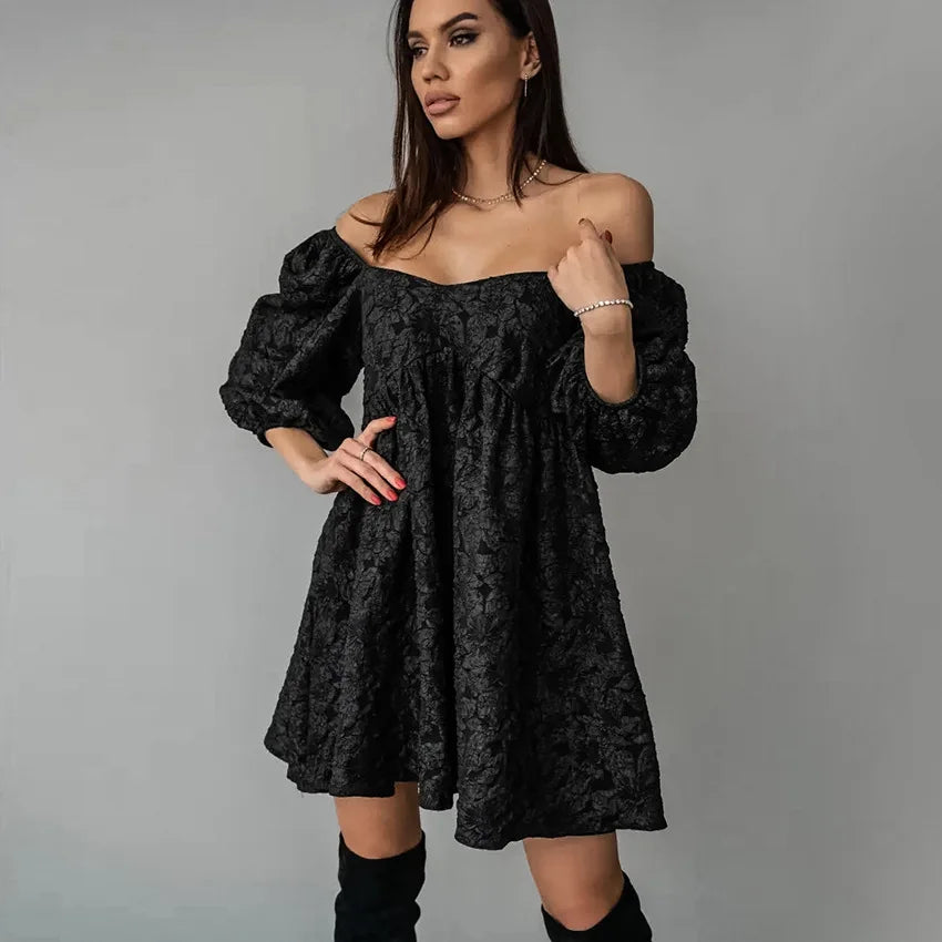 Mini Off The shoulder black puff dress