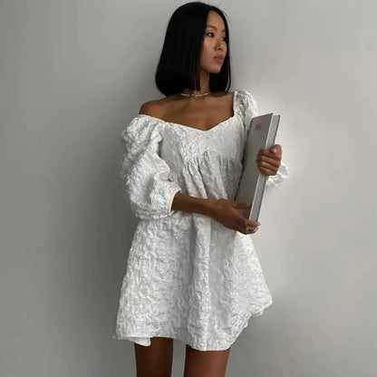 Off the shoulder white puffy dress