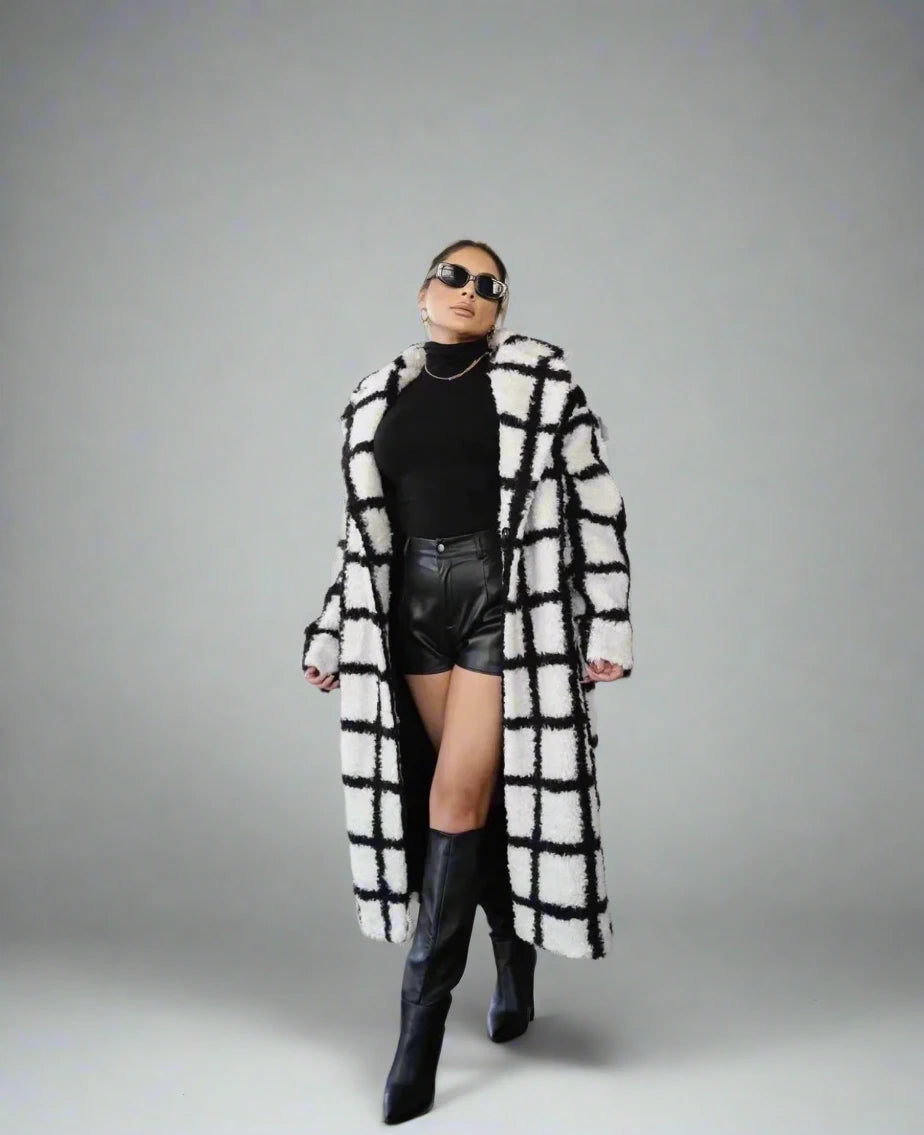 Plaid Faux Fur Long Coat